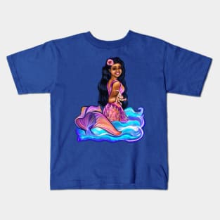 Mermaid Pacific princess  with rainbow coloured colored fins, hibiscus, outstretched  arm, brown eyes, Curly hair  and caramel brown skin - light background Kids T-Shirt